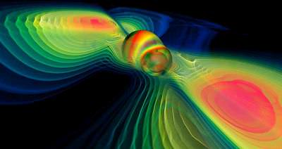 Colisión de dos agujeros negros formando ondas gravitacionales. Fuente: NASA/Werner Benger